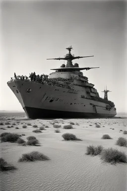 [very impressive high res masterpiece in Kodak Eastman 5247, scene by László Krasznahorkai] a gigantic warship in the middle of the desert, heavily loaded