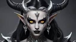 demon, female, big fangs, black hairs, elven ears, white skin, glowing eyes, black horns, yellows eyes, staff. warpoint, black lips, silver earrings, silver necklace, long ears, black makeup, ultra quality, ultra detailed, high details, highly detailed, hard-edge style