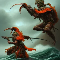 an ibis warrior in orange and green full battle armor, a highly detailed illustration, background of giant crashing ocean waves, realistic render, 8 k, micro detail, intricate, elegant, centered, digital painting, Artstation, smooth, sharp focus, illustration, artgerm, tomasz alen kopera, peter mohrbacher, donato giancola, joseph christian leyendecker, wlop, boris vallejo