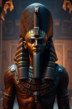 Create an image of an epic looking Egyptian from a museum . Make it look like an old picture with lighting like a modern AAA fantasy RPG. Show the whole body.