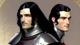 A dashing knight in steel plate armour, long black hair, pretty face, dignified, no beard, no moustache