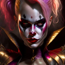 Photorealistic, upper body image, A very realistic scene of a realistic beautiful woman scary Harlequin jester in a realistic background, soft skin, black red pink and gold iridescent glow realistic hair, silk top, highly detailed eyes, smoke in the background, ultra realistic, Karol Bak, realistic art, clear focus, works by Karn Griffiths