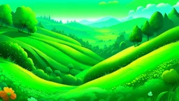 fantasy cartoon illustration: green hills of the emerald isle Ireland