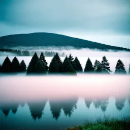 A polaroid photo of a group of fir trees in the background and a high hill in the distance. A lake. The surface below is in a pastel color. Fog is present.