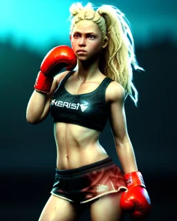 portrait, Shakira, blonde artist, angry, Realistic image, boxing robe, hoodie, mouthguard, nose, band aid, loose long hair, eyes make up, perfect, glow, circle iris. Rain, fog, Neon colors, leds. Dark background, photo studio, neon lights. concept art, smooth, unreal engine 5, god lights, ray tracing, RTX, lumen lighting, ultra detail, volumetric lighting, 3d, finely drawn, high definition, 4k.