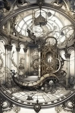 panorama, zodiac signs, filigree, swirling chaos in the Baroque style of the interior, mysticism, dramatic atmosphere, overdetalization, drawing details with ink