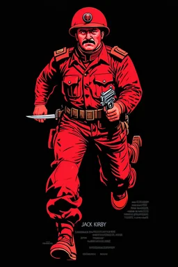 russian soldier(uniform and face based on racist steriotypes) running towards viewer, a knife i one hand, and a gun(barrel pointing at viewer) in the other. blocky retro 1960's jack kirby style poster in monochrome with white background
