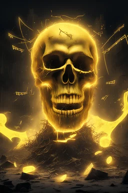 huge glowing yellow skull screeching and destroying the area around it glowing with music notes around the area and the energy is destroying the area