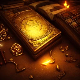 spellbook, magic, spell, short+handle, laying+on+a+table, surrounded+by+books, goldcoins, treasure, cartoon, octane+render, 8k, ultra+highly+detailed, intricate+details, shiny, sparkles,