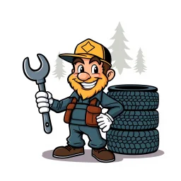 retro cartoon company mascot of a vehicle mechanic with a hint of forest ranger, holding a torque-wrench and next to a stack of tires