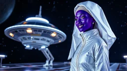 "Artistic photography (((FULL BODY from HEAD to FEET +profile))), enormous almond shape lighted crystal clear eyes, she is dressed in a white shiny jumpsuit she is a gorgeous smiling extra terrestrial woman with indigo purple blue skin with a high elongated skull like Nefertiti, 40 y/o asian, she wears white snow boots, and she is outside on the flying saucers large landing deck of the space station in cosmos.
