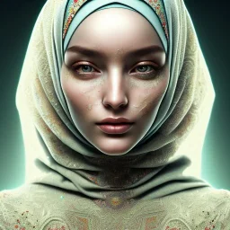 close up portrait of woman in hijab, fine detail, highly intricate, modern surrealism painting, defined cracks and breaks, high-quality, volumetric lighting, 8k, ultrahd, George Grie, Marco Escobedo, Igor Morski,Brian Froud, Howard Lyon, Selina French,