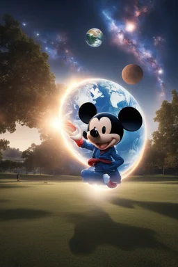 Mickey Mouse with a Supernova above the hand of an Earth person in a developed public park