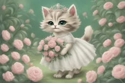 an anthropomorphic, kitten bride happily throwing a bouquet in a beautiful garden. The kitten has fluffy fur in shades of light brown and grey with distinct tabby markings on its face. Its large, expressive eyes are a deep emerald green and it has a small, pink nose. The kitten is wearing embroidered white lace bride dress, tulle, gemstones, pearls, adorning the hem and bodice. Behind her, a celebrating crowd, cats and people dressed in elegant clothes, wedding food and cake on the tables. Behin