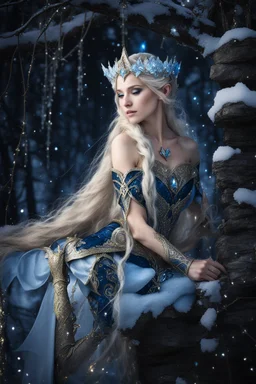 Elven princess,elven crown,long white blonde golden hair,rapunzel hair,ice flowers,beautiful,light blue,dark blue,golden armor,sparkle,glitter,ice flowers,snow,elven ears,dark fairy princess