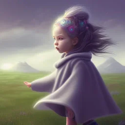 thick oil paint of a tiny little girl with long hair a grey hood covering face and a grey cloak side-running up a green grass hill, rimlight, profile, silhoutte, flare, colorful, joyful, bright, epic, realistic, detailed, sky in the background, happy pose, more colors, dragon flying over the mountains, leather boots