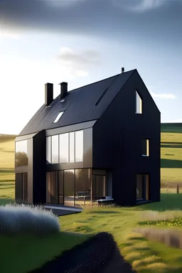 eco-friendly black modern one floor house in rural Scotland with sunny weather