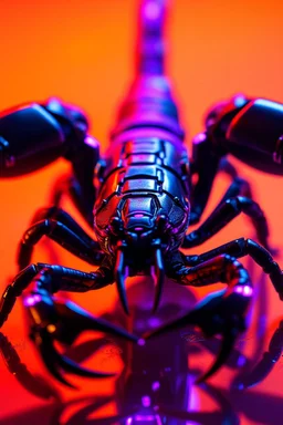 Black scorpion in purple light reflecting in their cybernetic enhancements.red and yellow background