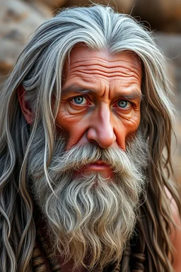 Generate a photo of a realistic Stone Age old man . He has grey long hair and beard , his skin is brown and his eyes are blue