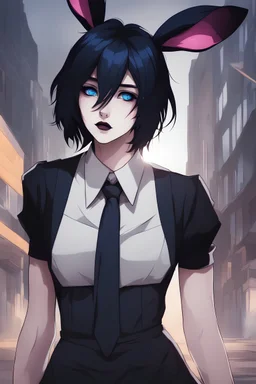 Thin, androgynous character with short black hair and rabbit ears. vivid sapphire blue eyes, dark gender neutral goth clothes, urban background, RWBY animation style