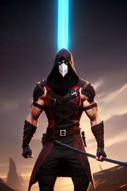 muscular ninja assassin, athletic build, wearing black and red baggy pants with pockets, hood and balaclava mask, tan skin, big boots, two swords crossed behind back, dark hazel eyes, eyes are both in proportion and green, 3/4 look, 5 o'clock shadow, short brown hair, large arms and hands, standing, dark cobblestone alley, one halo white light behind head, non photorealistic rendering in the art style of j.scott campbell