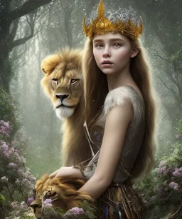 Young beautiful girl wearing floral crown with a majestic, stunning lion on nature forest path, Chronicles of Narnia, 8k resolution, high-quality, fine-detail, iridescent, intricate, digital art, detailed matte, volumetric lighting, beautiful, illustration, 3D octane render, brian froud, howard lyon, selina french, anna dittmann, annie stokes, lisa parker, greg rutowski,