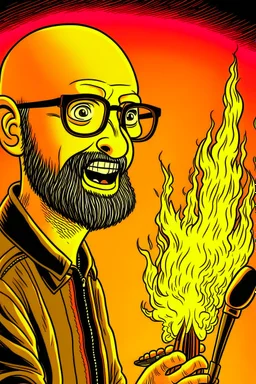 Firestarter animateur radio hardrock with a microphone. He has no hair. He has a thin beard. Je has glasses. He's about 50 years. Seems angry. Flames all around