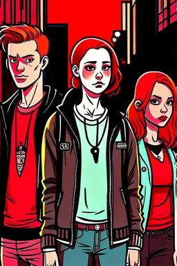 Low, chubby redhead teenage boy on the left, next to him, in the centre, a tall punk girl with brown hair, the tall redhead teenage boy on the right. graphic style, Margot Robbie style, town street, mysterious mood,