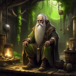 confused old druid in industrial setting fantasy art