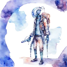 Male cypebpunk character connected to AI exploring other AI - Watercolour and Watercolour Painted Style - Jenny Rainey Style