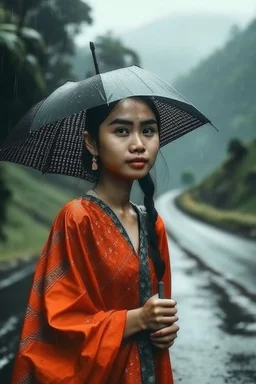 Gambar wanita Indonesia cantik sedang hujan dijalan pegunungan