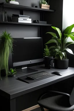 Office Black desk with pc with plants