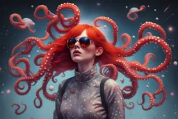 skinny woman clutching an octopus, red hair, octopus on head, falling comets, reflective sunglasses, heavy rain, outer space, shooting stars, dramatic light, laser beams, space war, battlefield face made of dots, pointillism, dotted multicolored shapes, symmetrical, digital art, hologram, virtual reality, digitized structure, ultra detailed, 3d render, trending on CG company,