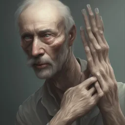 Extremely detailed portrait of a man with multiple hands and finger covering his face, digital painting.