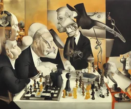 Complex Surgical Instruments,Putin, President Xi Of China And Joe Biden Play Chess with a Newborn Boy,black background,surrealism,Painting By Adrian Ghenie,Michelangelo,Rene Magritte,Lucian Freud,Salvador Dali,Pablo Picasso