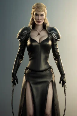 Cersei Lannister as evil dominatrix in black leather, busty, cleavage, curvy, lena headay, angry, stern look. character design by cory loftis, fenghua zhong, ryohei hase, ismail inceoglu and ruan jia. unreal engine 5, artistic lighting, highly detailed, photorealistic, fantasy