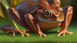 screenshot of a smartphone game, horizontal display, start screen, rear shot of a stylized and happy young brown frog with black stripes in its natural habitat at sunset, plain with wetlands, ravines, river with water hyacinth, ceibos and willows, dragonflies, beetles, dewdrops, melancholic and dreamy atmosphere, digital art