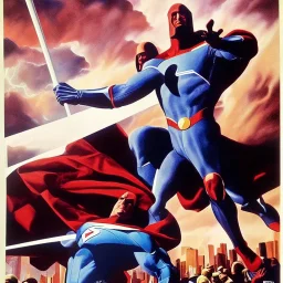 A Cleric using it's arms to shield the earth in the art style of alex ross