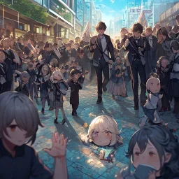 Clear focus, High resolution, {{masterpiece}}, {{ultra detailed}}, {ultra quality}, {dramatic shadows}, {cinematic lighting}, intricate expression, rough line, child, cute, in the air, hair between eyes, crying on the floor, people in the background sceaming, kid crying