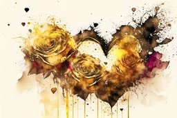 double exposure, merged layers, roses with dynamically blazing fire in ochre, ink splatter art, watercolor and ink, golden glitters, double exposure heart and love