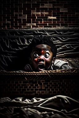 A scared black child lurking scarely over the edge of his bed. His bed is balanced on bricks at all four corners, under the bed is a small, mischievous spirit