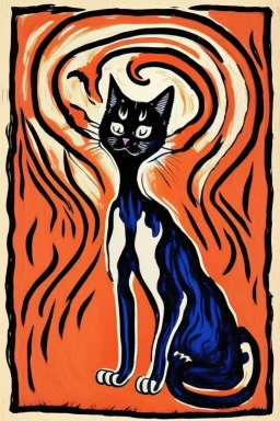 Cat holding her head with her hands. The scream Edvard Munch. Painting style of Edvard Munch