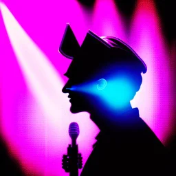 The silhouette of a musical performer in the spotlight. - very noticeable shadows - very realistic details - style: "synthwave"