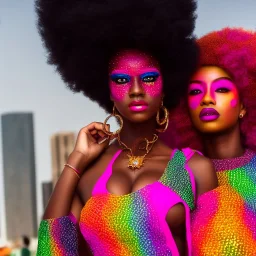 full body shot, masterpiece, best quality, family of three, dark skinned, sparkling eyes, fluorescent skin, colorful makeup, afro, highly detailed body, afrofuturism, scifi, sun light, 4K, RAW, depth of field, high contrast, realistic details, 24mm