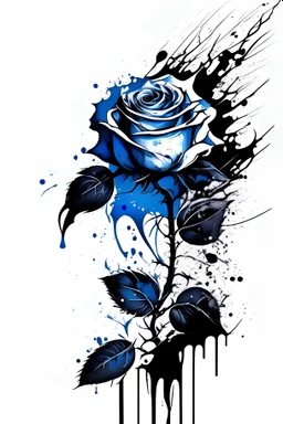 A line drawing vector with defined details black ink and a splash of blue on white background of a rose design modern for a tattoo design