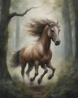 A centaur majestically galloping through the dense forest in the style of Camilla d'errica, fantastical landscape, soft strokes , mythology portrait, classic painting