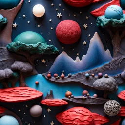 Detailed creepy landscape made of modeling clay, stars and planets, Roger Dean, Tim Burton, strong texture, Ernst Haekel, extreme detail, Max Ernst, decal, rich moody colors, sparkles, bokeh, odd