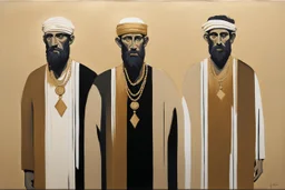 (three:2) determined ancient male Jews (wearing Jewish jewelry:2), acrylic painting, minimal art, centered, wild sparse brushstrokes, amazing verticals, great parallels, low bleak colors of gold, beige and black, excellent negative space contrasts