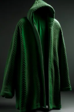 Man's large and green knitted coat opened on front without bottons and a hood