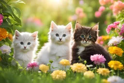 Generate an image depicting a sunny garden with vibrant flowers and lush greenery. Include three fluffy kittens playing together happily under the bright sun.